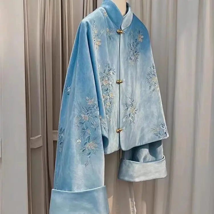 Winter Coat New Chinese Style Standing Collar Tang Suit Blue Embroidered Velvet Jacket Women Clothing Loose Short Coat Women Top