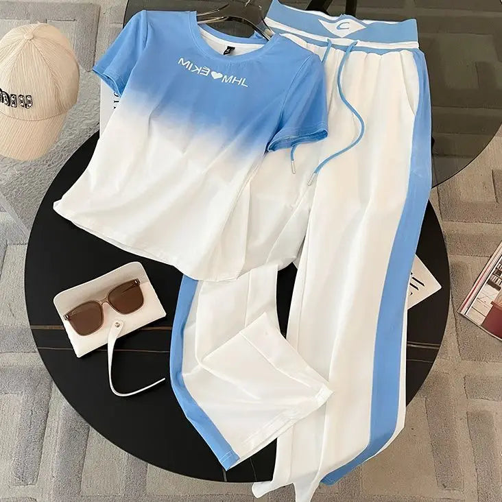 2024 Spring/Summer New Fashionable Gradient Short Sleeve+High Waist Wide Leg Pants Casual Two Piece Set