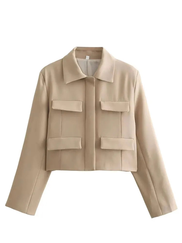 HH Spring Jacket For Women Slim Cropped Coat Elegant Solid Long Sleeve Jacket Front Flap Pocket Outerwear Fashion Streetwear