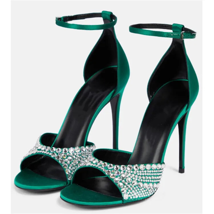 Summer 2023 Internet Celebrity Rhinestone Open Toed Sandals Fashion Round Toe Slim Heel Sandals Sexy Wrapped Party Sandals 35-43
