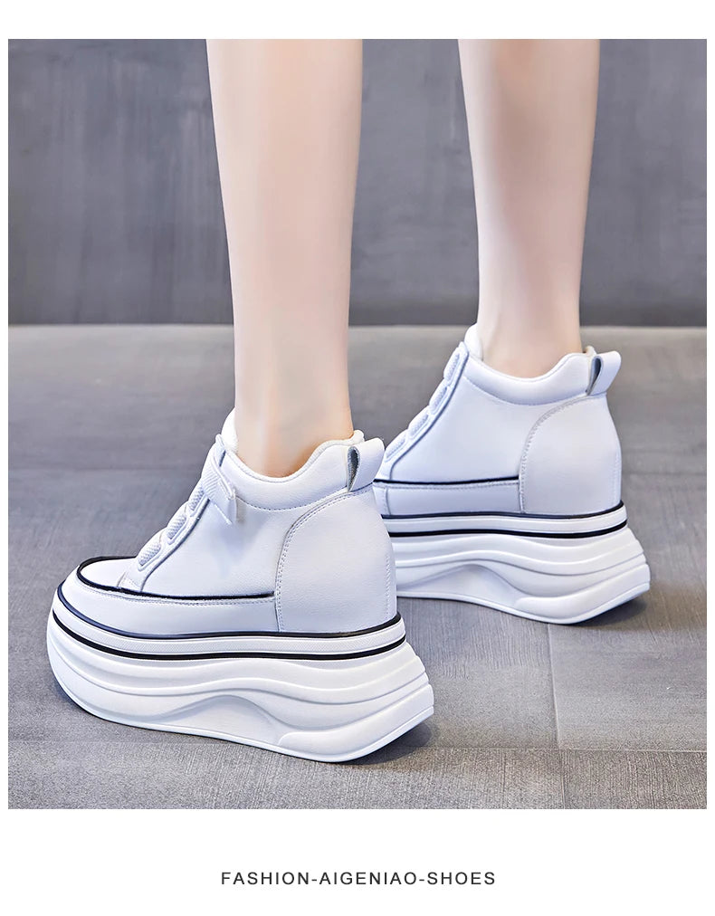 10cm Genuine Leather Platform Wedge Mid Calf Ankle Motorcycle Booties Non Slip Hidden Heel New Women Slip-On Autumn Spring Shoes