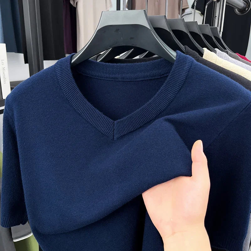 Mens V Neck Short Sleeve Wool Knit Pullover Soft Thin Knitwear For Business Office Daily Casual Spring Summer Basic Tops