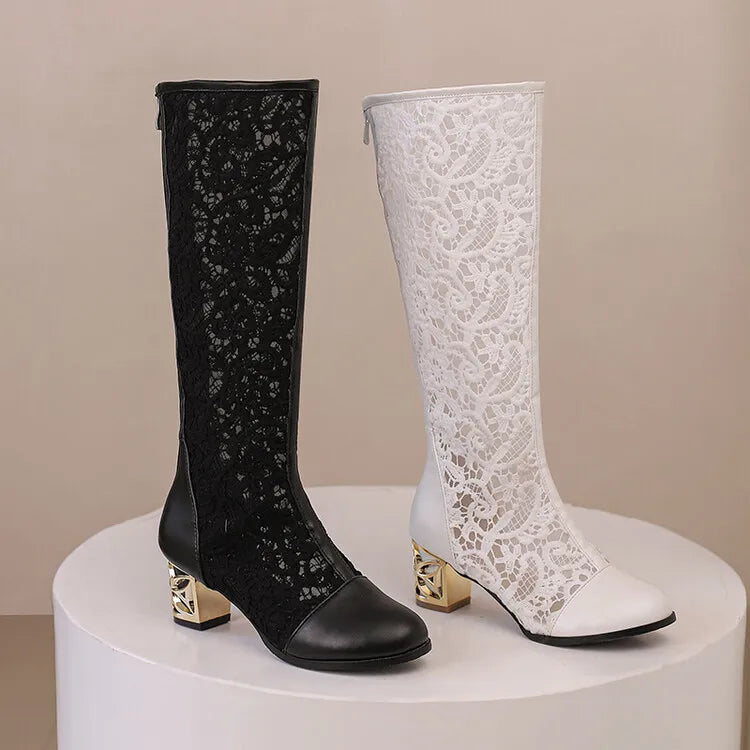 Vintage Hollow Embroider Mesh Surface Knee Length Women's Boot  5.5cm Thick Heel Fashion Women's Boot 34-47 Summer Cool Boots