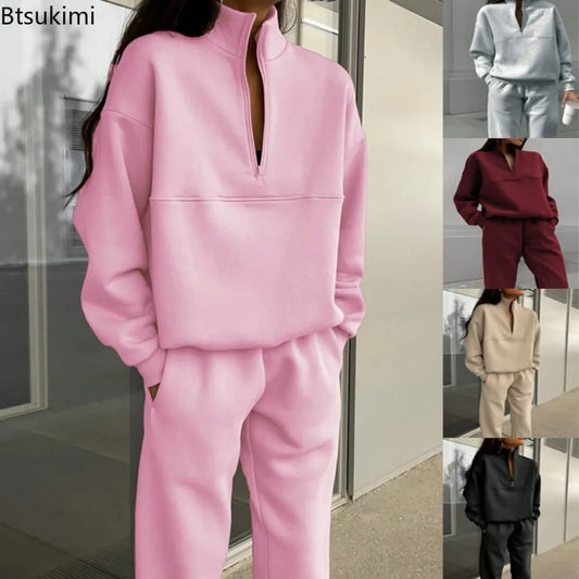 2026 Casual Pants Sets for Women Loose Long Sleeve Zipper Pullover Elastic Waist Trousers Two-piece Sets Women Tracksuit Outfits