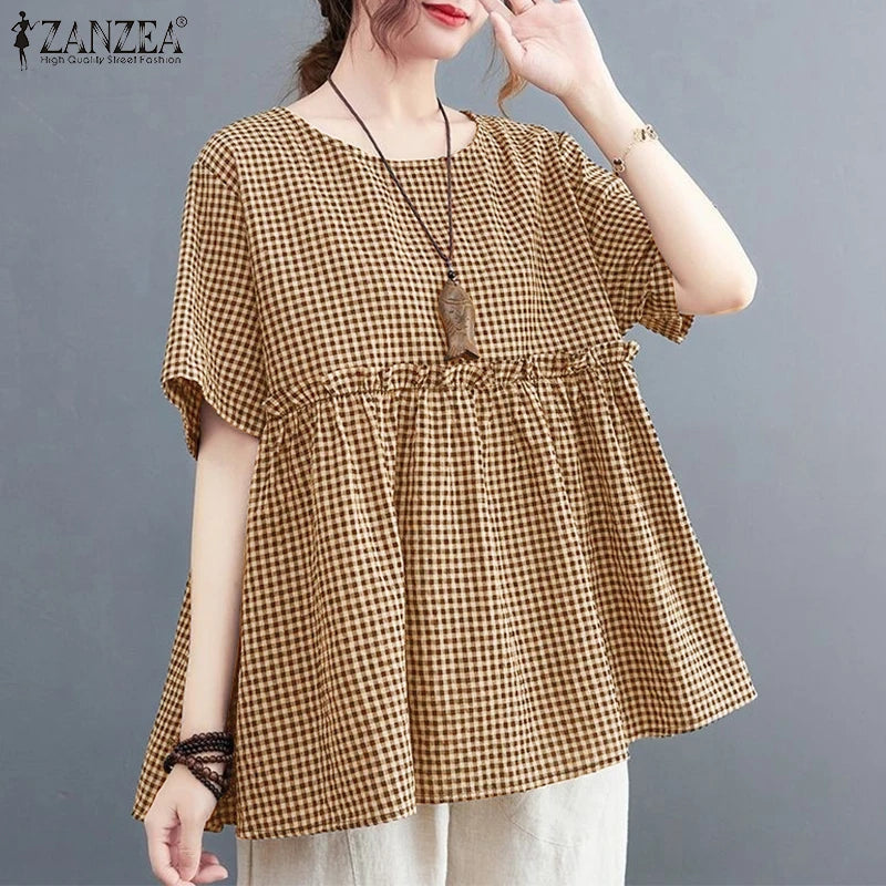 2025 ZANZEA Women Plaid Checked Blouse Summer Casual O Neck Short Sleeve Blusas Loose Tops Stylish Ruffled Work Shirt Oversize