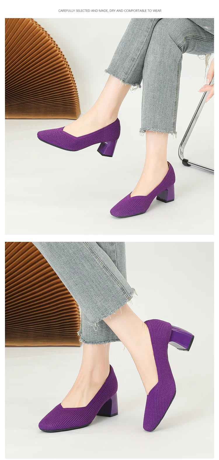 Shoes Woman High Heels Comfortable Square Knitted Breathable Comfortable Women's Flats Shoes (5cm High) 2025 New Collection