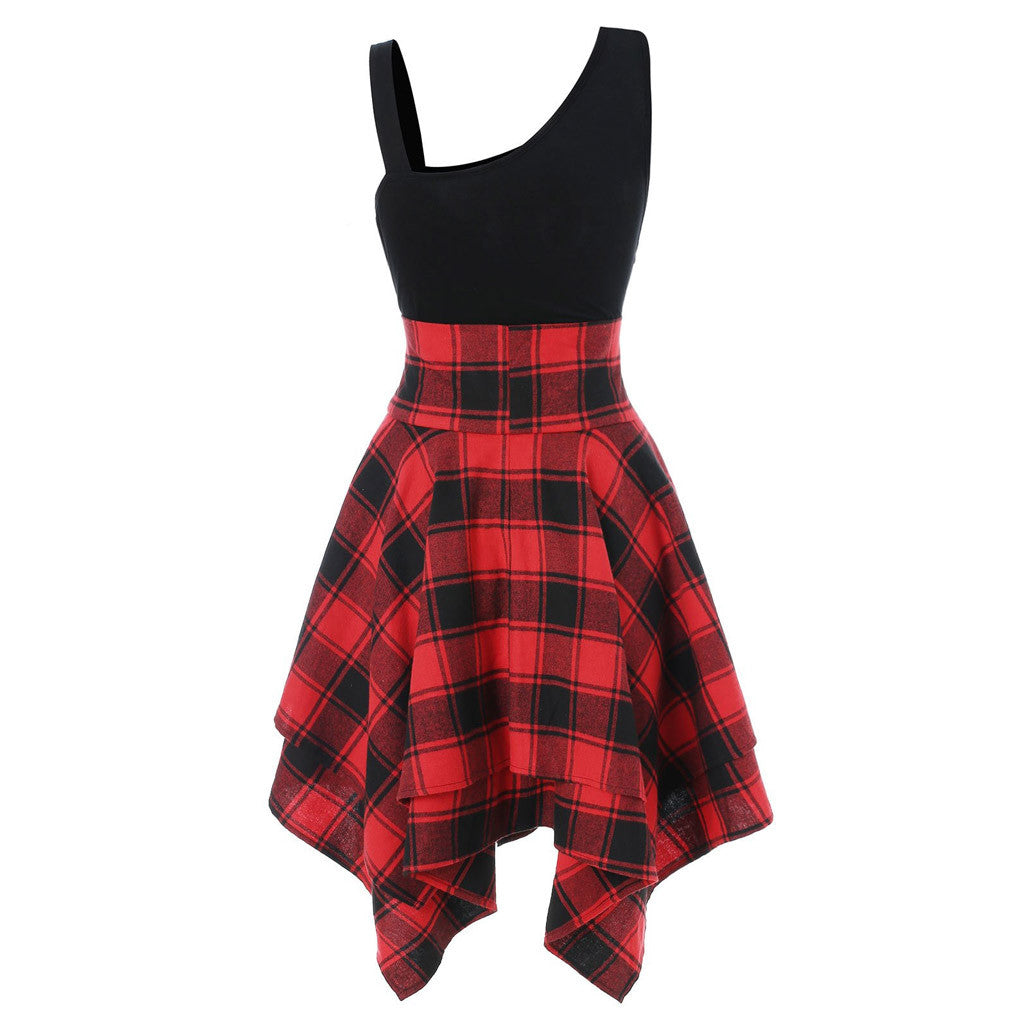Elegant Classy Dresses For Women 2024 Sleeveless Cold Shoulder Cross Lace Up Plaid Print Irregular A-Line Dresses