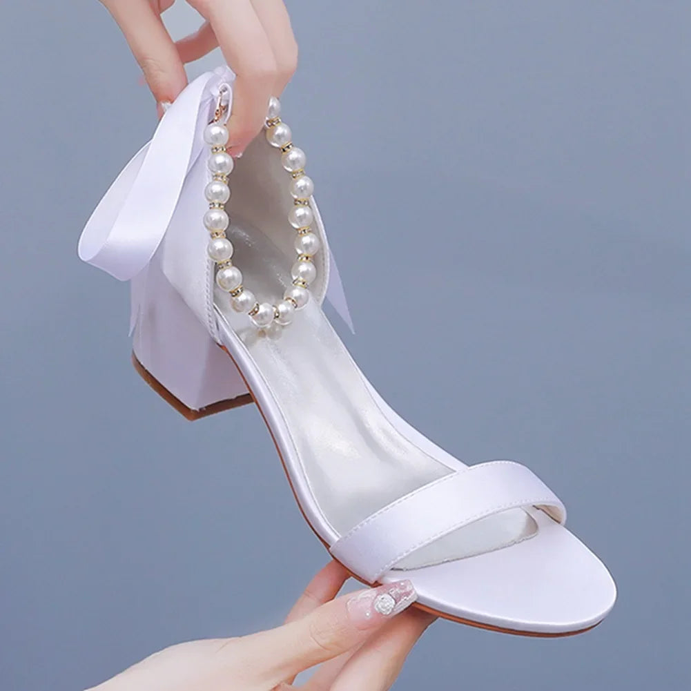 String Bead Sandals for Women Summer Peep Toe Sandals Ladies Fashion Ribbon Bow Thick High Heels Sexy Wedges Wedding Shoes 35-43