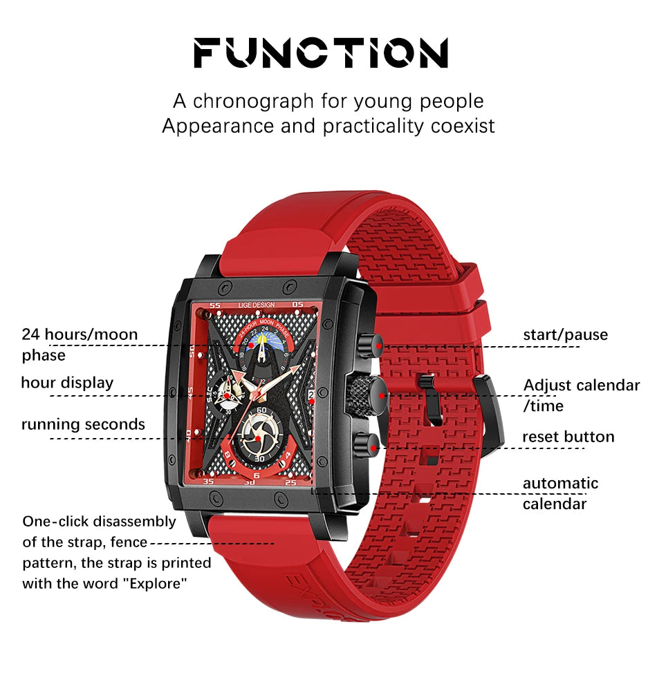 LIGE New Fashion Mens Watches Top Brand Luxury Silicone Quartz Watch For Men Waterproof Chronograph 24 Hour Moon Phase Clock+Box