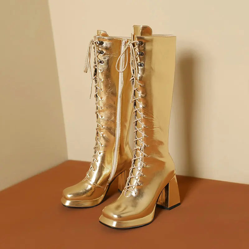 Big Size 45 46 Women Shoes Winter Fall Warm Lace-up Chunky High Heels Metallic Gold Silver Knee-high Riding Platform Goth Boots