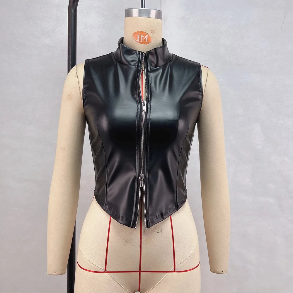 European and American style 2025 autumn new women's clothing fashion stand-up collar sexy backless slim PU small vest women