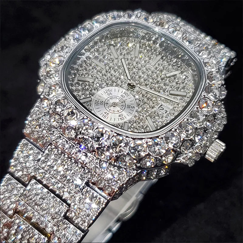 MISSFOX Iced Out Watch For Men Luxury Fashion Gold Quartz Watches Hip Hop High Quality Waterproof  Male Daimond Clock New Gift