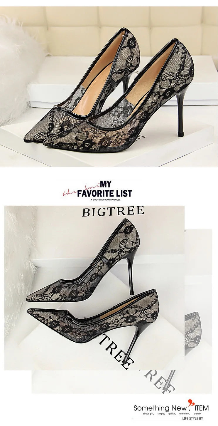 Women Fashion Sexy Pumps High Heels Shoes Female Sexy Wedding Shoes Ladies Stiletto Women New Pointed Toe Mesh Hollow Lace Heels