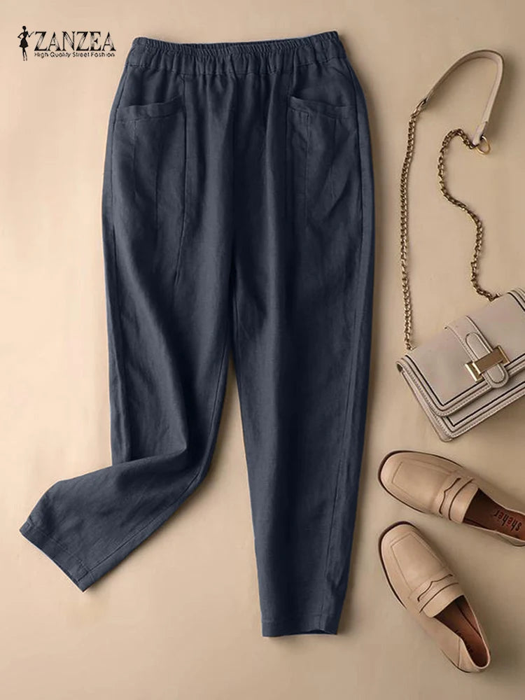 ZANZEA Summer Trousers Women Vintage Cotton Pants Elastic Waist Solid Harem Pant Casual Loose Pantalon Oversize Turnip Palazzo