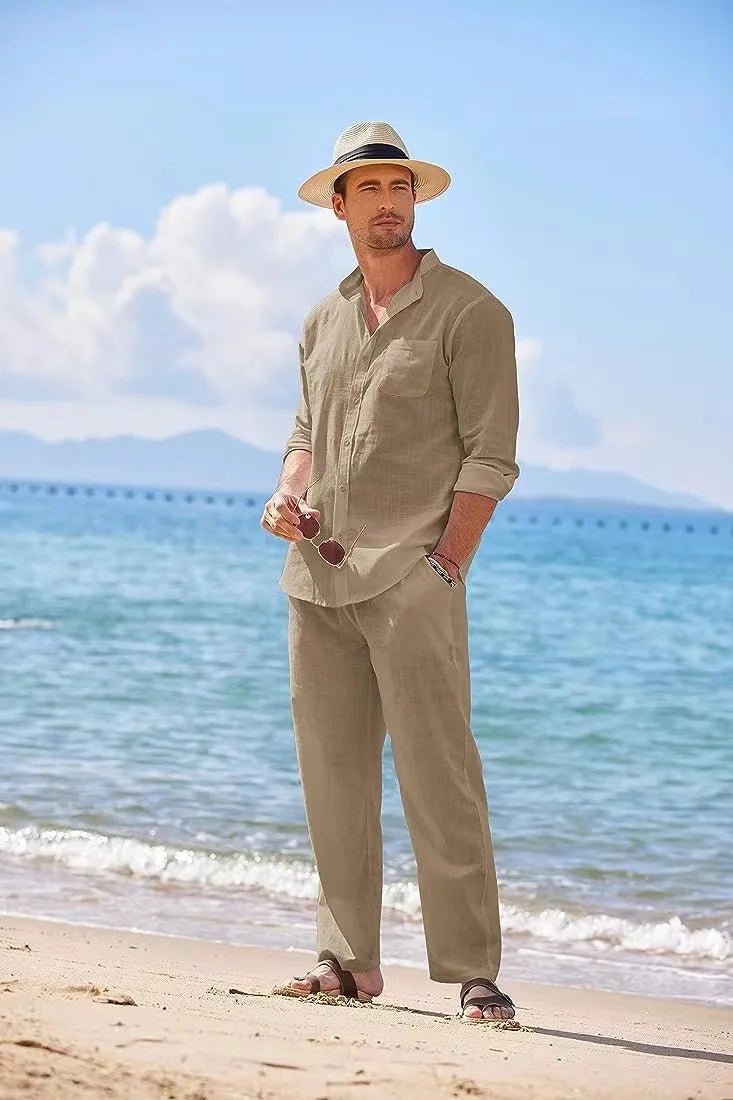 Mens Casual Linen Two Piece Sets 2024 Europe Style Vintage Basic Tops and Solid Pants Suit Male Beach Tracksuits Set