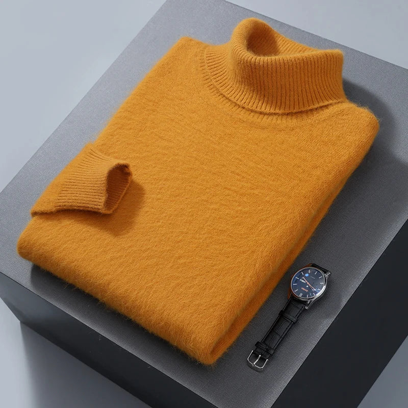 Men's 100% Mink Cashmere Sweater High Lapel Thick Knitted Pullover Casual Large Size Middle-Aged Sweater Autumn Winter New Tops