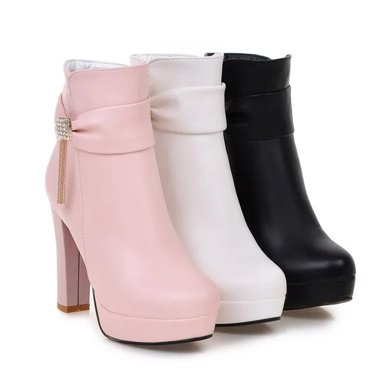Brand Ankle Boots For Women Platform Fashion High Heel Short Boot Large Size Zipper Autumn Winter Black White Pink Women Shoes