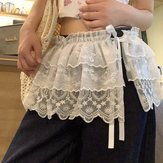 Korean Fashion Lace Irregular Skirt Curtain White Flowers Lace Mesh Halfbody Skirt Women Summer Bottoms Jeans Decorative Hemline