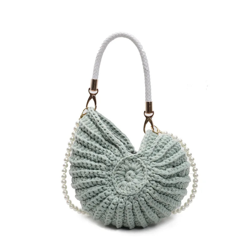 Creative Conch Shaped Crochet Women Shoulde Bags Funny Cute Pearls Chains Handmade Weave Crossbody Bag Novelty Small Handbags