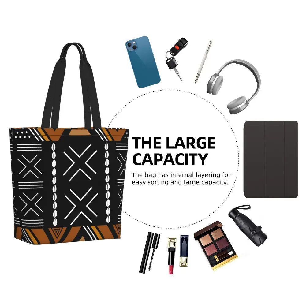 African Ankara Prints Grocery Shopping Tote Bags Women Geometric Ethnic Art Canvas Shoulder Shopper Bags Big Capacity Handbag