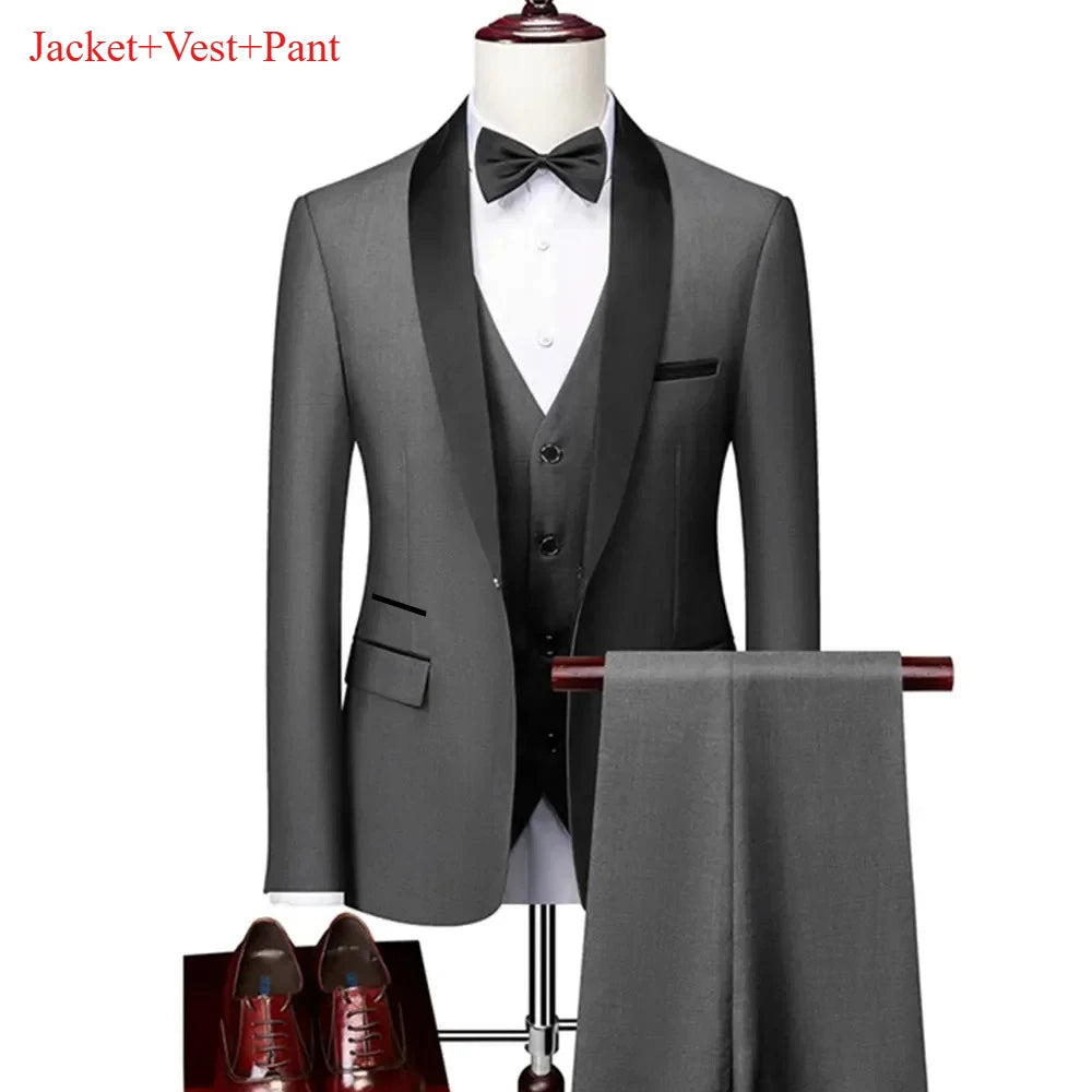 Men's Lapel Black Suit Set Coat Vest Trousers / Business Groomsmen Groom Wedding Dress Fprmal Blazer Pants