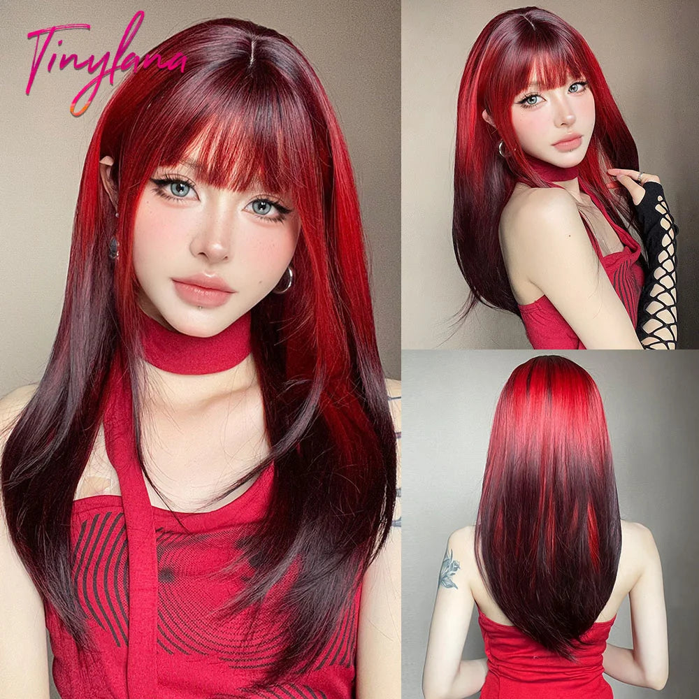 Dark Brown Black Synthetic Wigs Long Straight Layered Wig with Bangs Cosplay Party for Women Afro Natural Heat Resistant Hair