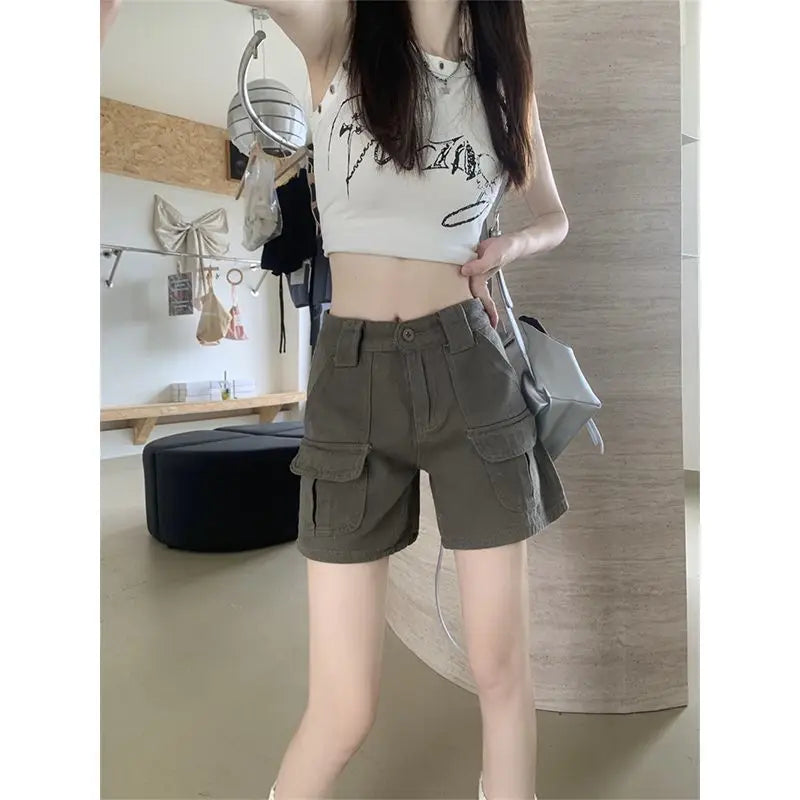 Straight Cargo Shorts Women Fashion American Retro Simple Leisure All-match Hot Summer Streetwear Mid Waist Pockets Designer Ins