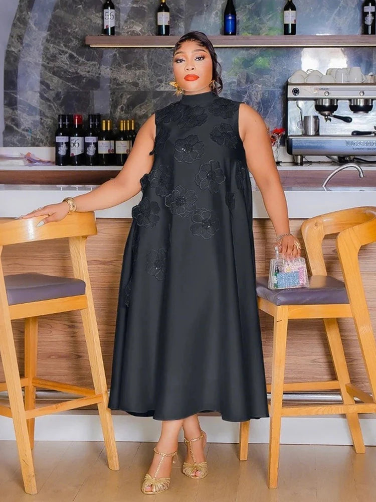 Woman African Traditional Dresses Summer Elegant Sleeveless Dress Stretchy Fake Silk Midi Dresses Luxury Wholesale Dropshipping