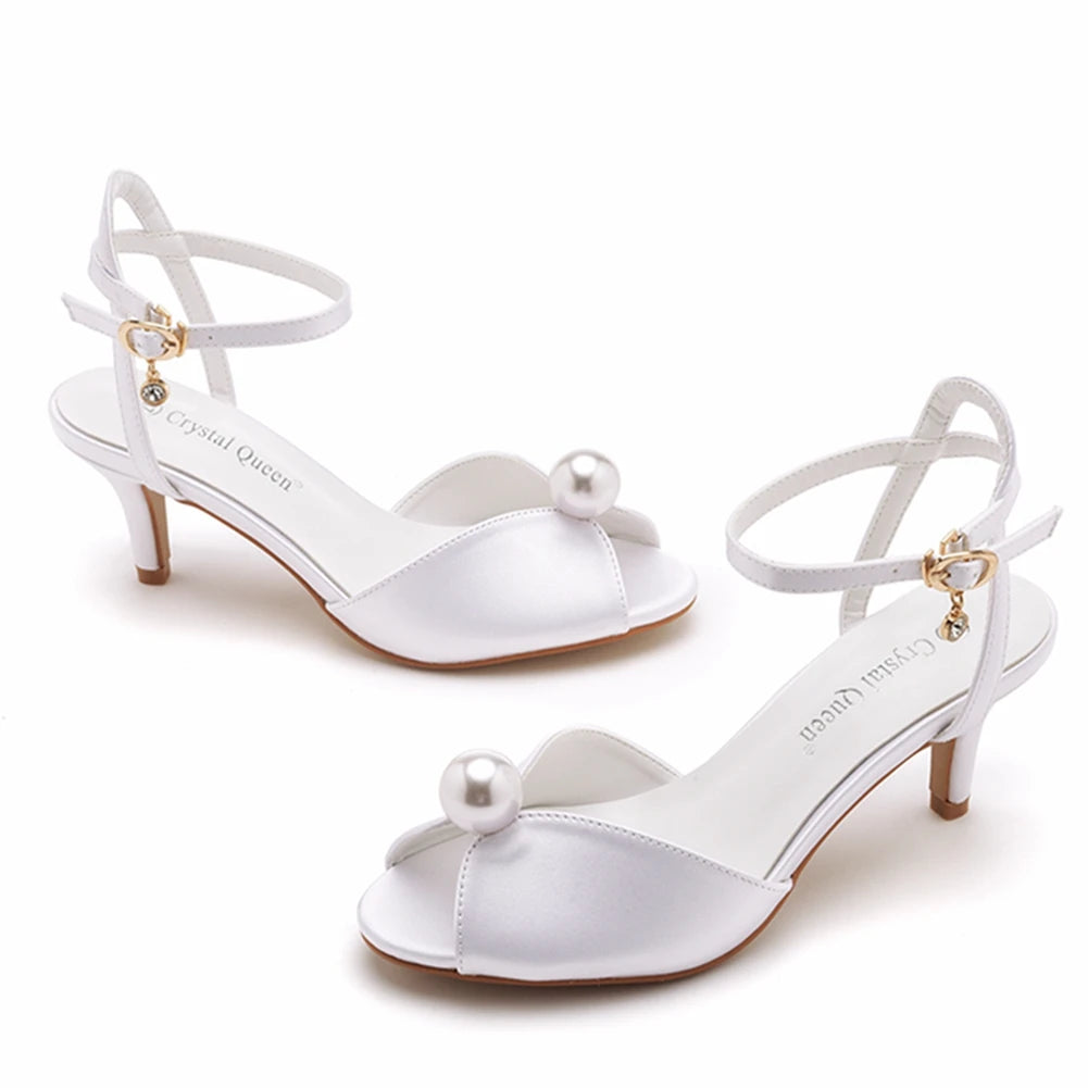 Crystal Queen Banquet Dress Sandal White Silk Pearl Lady Wedding Shoes Women Stiletto Open Toe 6CM High Heels