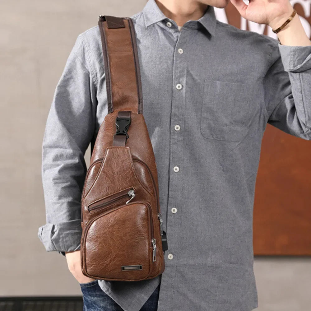 2024 Men's USB Chest Bag Designer Men Messenger Crossbody Package PU Leather Shoulder Bags Package Travel Chest Bag Bolso Hombre