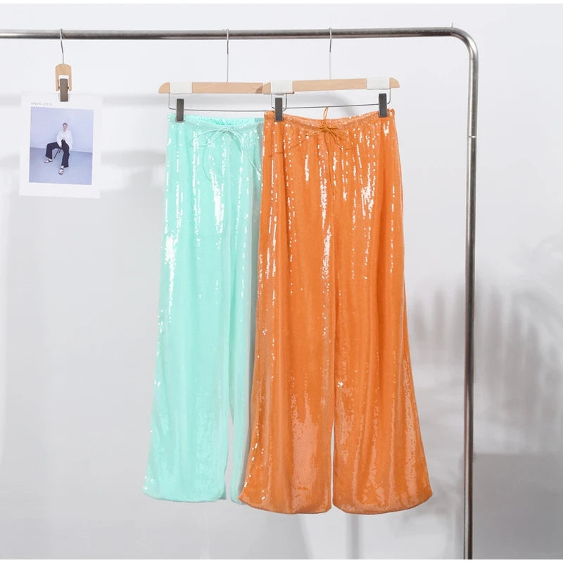 Women Sequin Pants Cinched Waist Glitter Baggy Straight Long Trousers