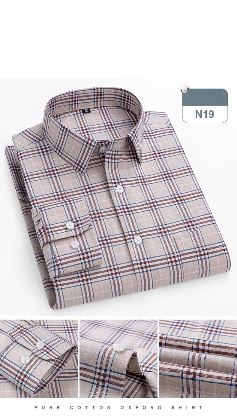 plus size 14xl 100%cotton long-sleeve shirts for men slim fit formal plain shirt soft plaid striped tops office elegants clothes