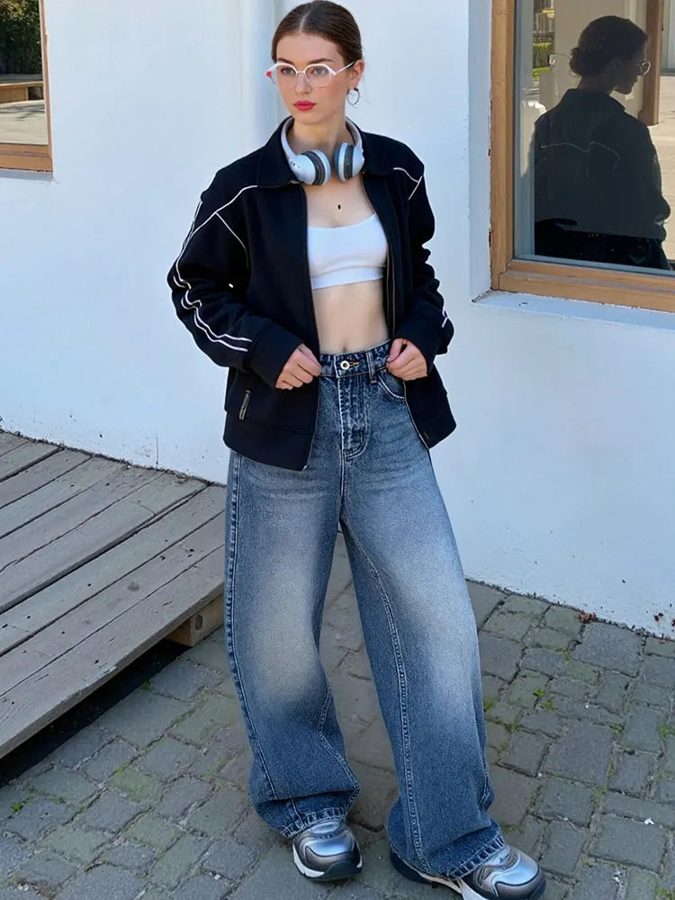 HH Women Fashion Baggy Straight Jeans Casual Loose Mid Waist Denim Pants Autumn Female High Street Chic Trousers Jeans