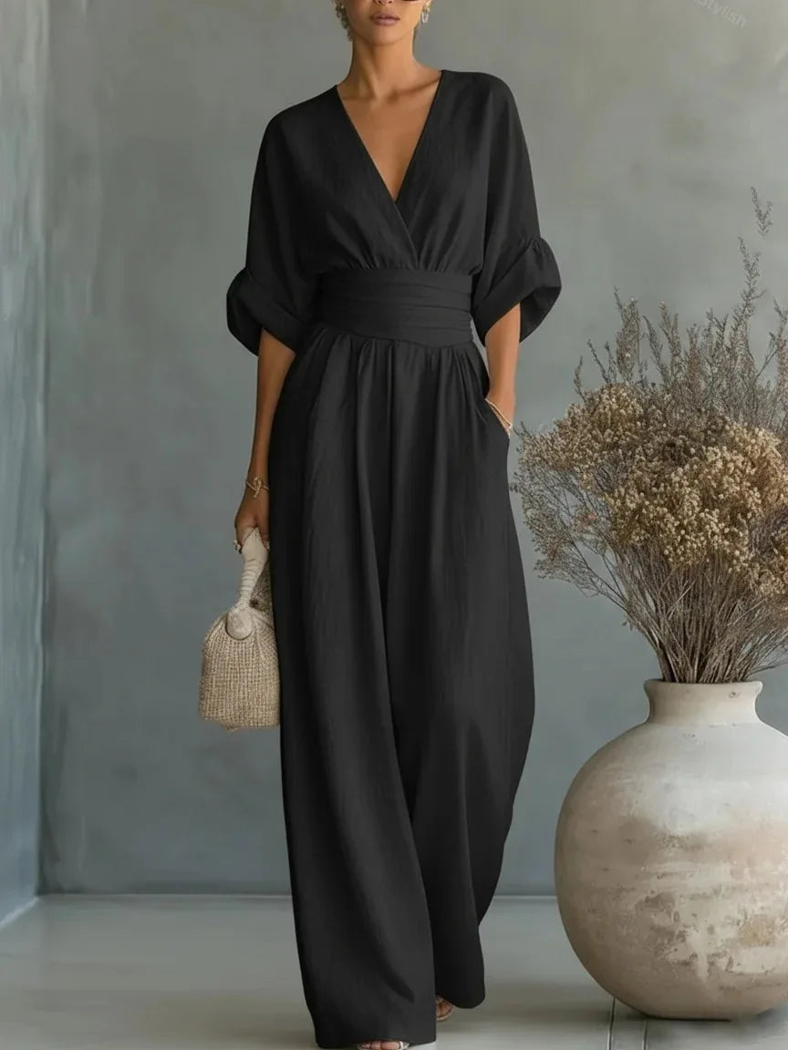 Elegant Solid Jumpsuits Women Shrot Sleeve V Neck Jumpsuit Trousers Wide Leg Pants Rompers Loose Style Belted Leotard Overalls