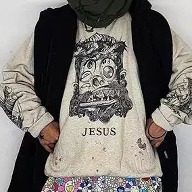 Real Photo Portrait Graffiti Print Saint Hoodie Wash Do Old Destroy Loose Pullover Casual Women Men Sweatshirt