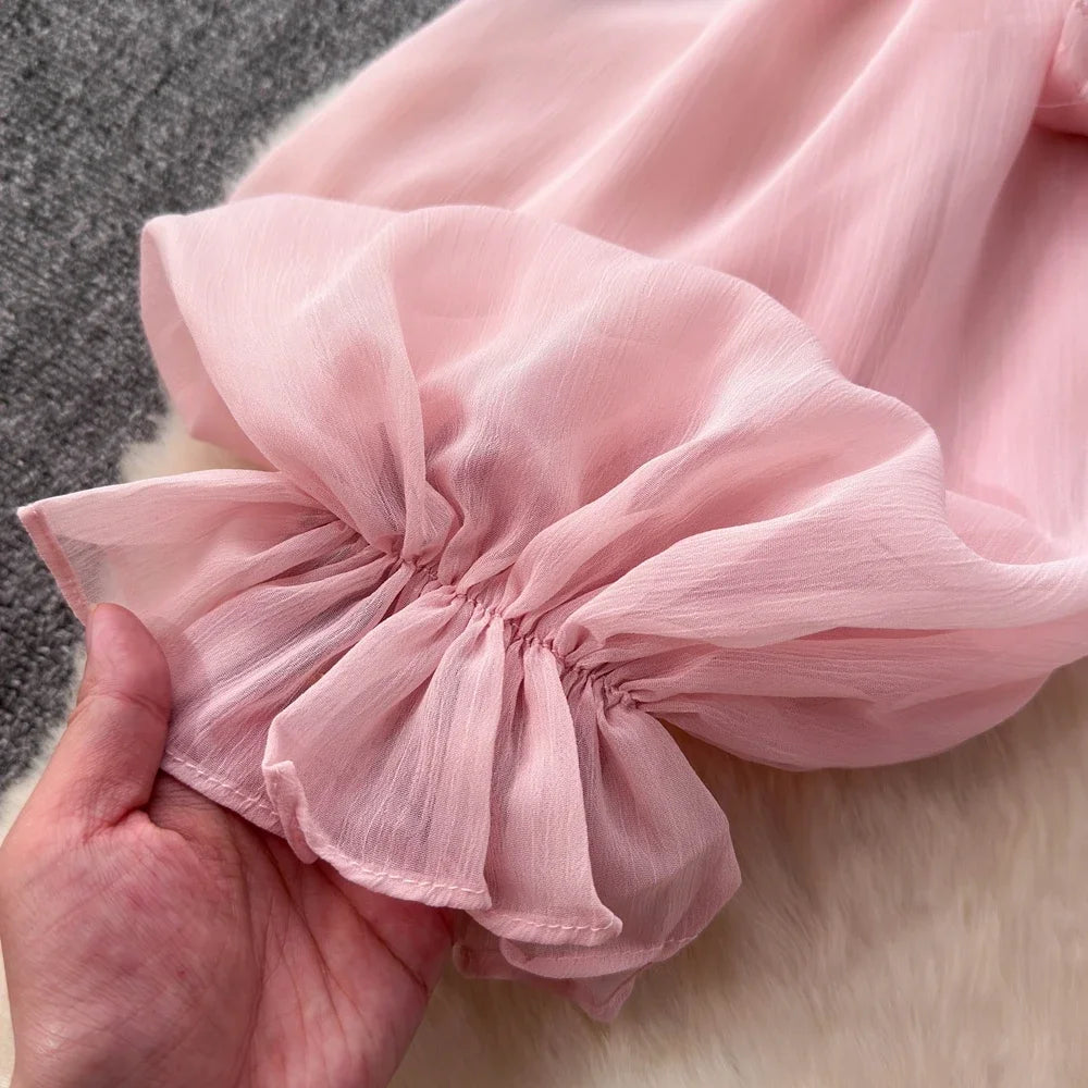 Chiffon Blouse for Women Slash Neck Off Shoulder Solid Color Camisas Ruffles Folds Backless Summer Blusas De Mujer Chic Dropship