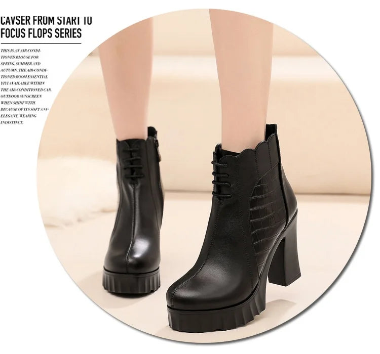 10cm Small Size 32-43 Elegant Fashion Soft Leather Boots Women Platform Shoes 2025 Winter Block High Heels Ankle Boots Office