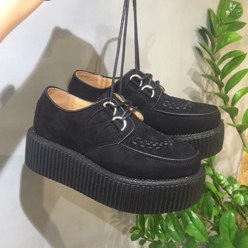 Black Harajuku Shoes Classic Lace UP Wedge Heels Platforms Creepers Punk Shoes Casual High Heels Women Platform Shoes