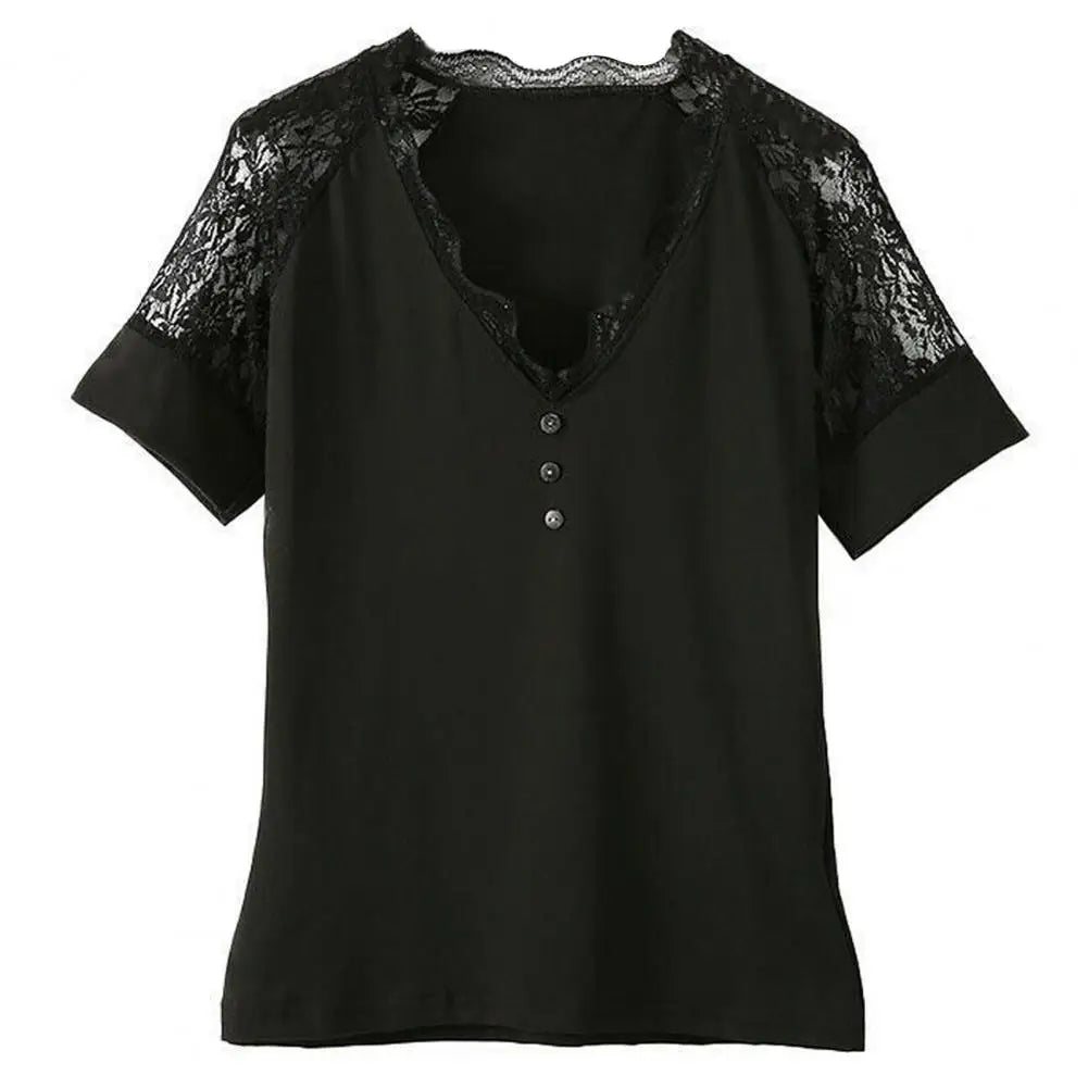 Women V Neck Lace Summer Short Sleeve Tee Top Slim Fit Pullover Blouse