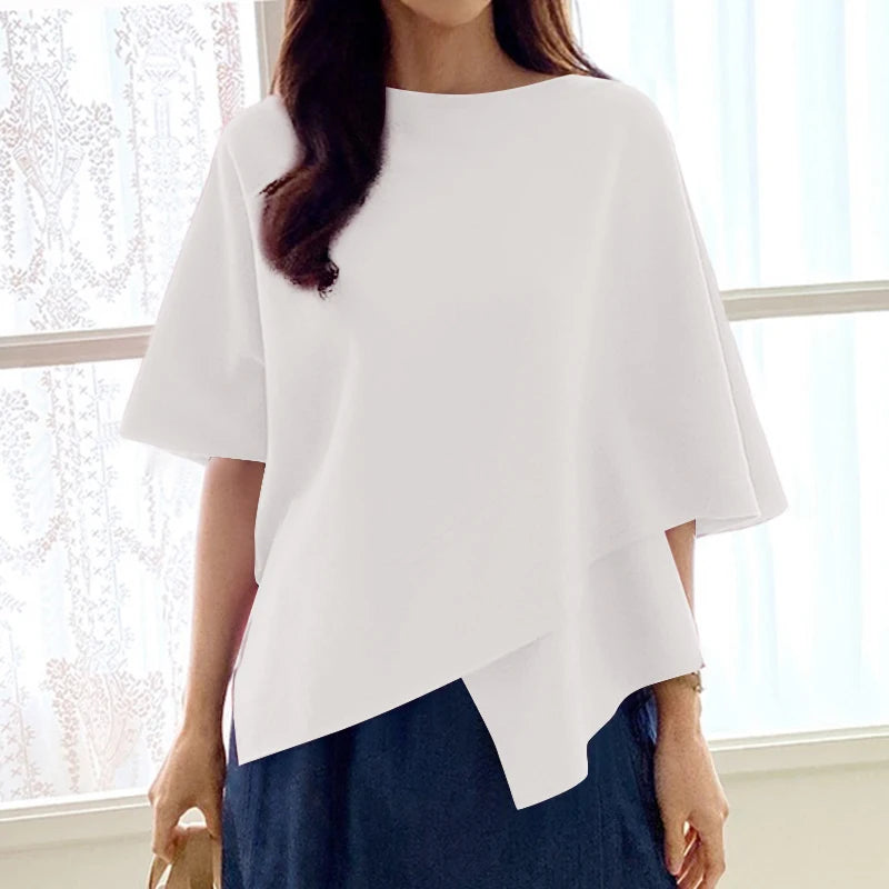 ZANZEA Women Fashion Blouse Chic 3/4 Sleeve Ruffle Hem Top Shirt 2025 Summer Round Neck Loose Blusa Elegant Irregular Work Tunic