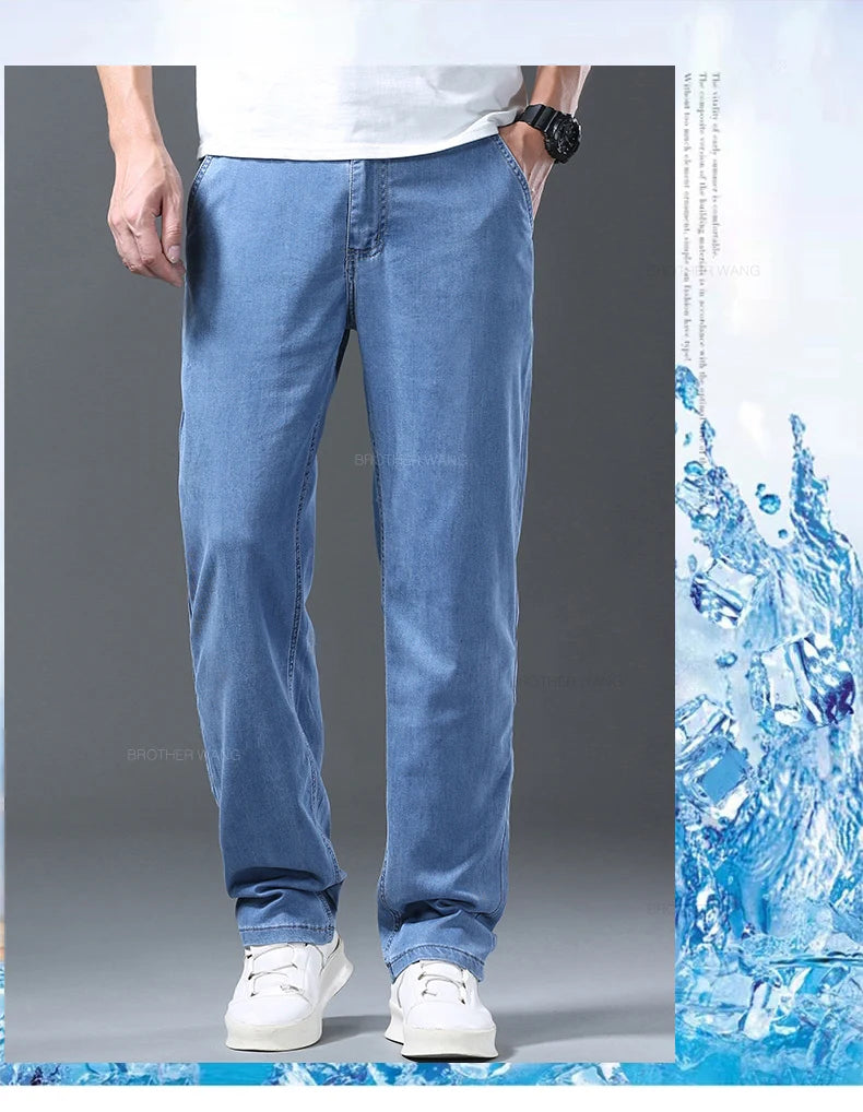 Lyocell Ice Silk Jeans Men's Summer Ultra-thin Loose Straight Denim Pants Soft Comfortable Brand Male Light Blue Trousers