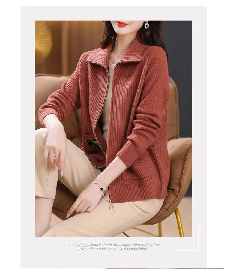 Knitted Cardigan Jacket Women Zipper Lapel Sweater Autumn Winter Outerwear