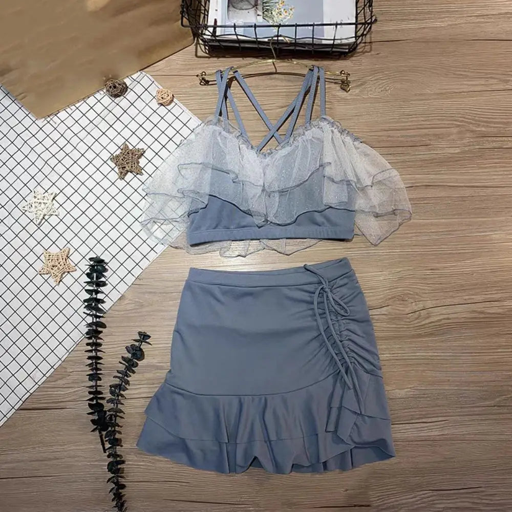 Slim Fit A-line Skirt Swimsuit Puff Ruffle Off Shoulder Lace Ruffled Bathing Suit Beachwear Two Pieces Set Swimwear Swimming