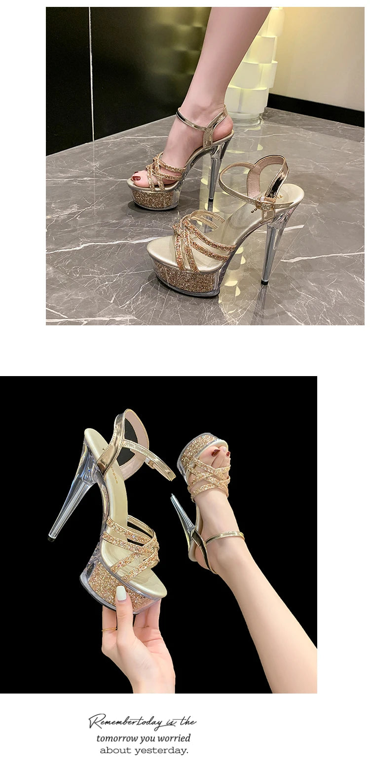 2024 New Women Narrow Band Sandals Transparent Platform High Heels Summer 15CM Stiletto Heels Silvery Sequin Wedding Dress Shoes