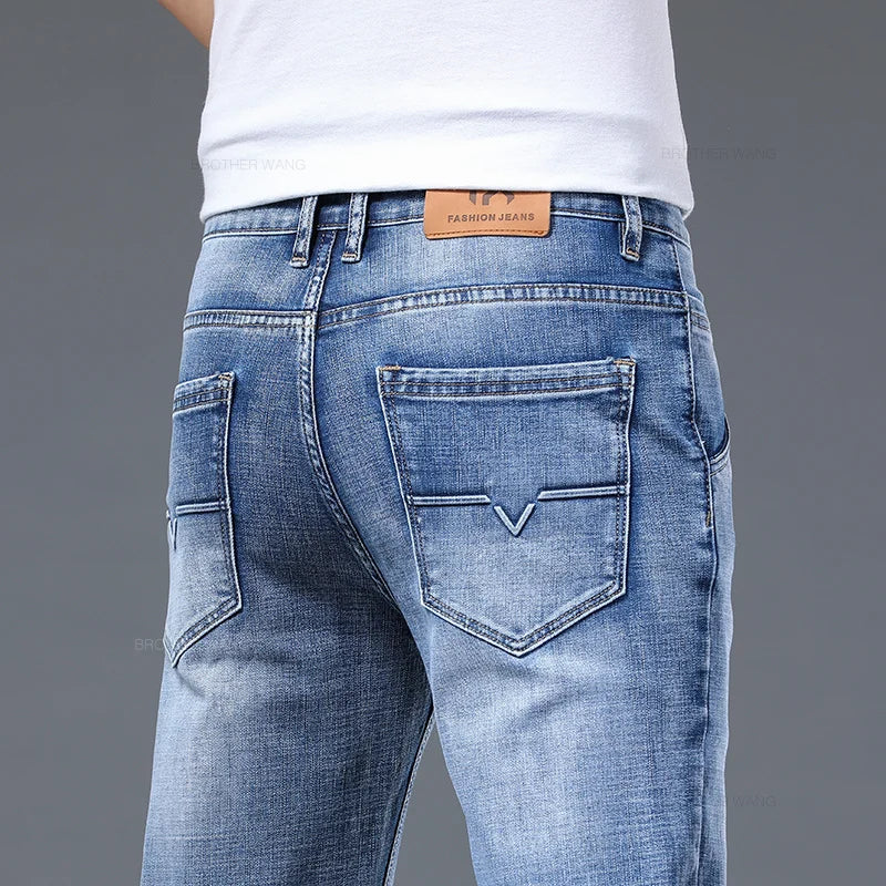 Classic Summer Men's Thin Stretch Fit Jeans Business Casual Slim Fit Denim Pants Soft Fabric High Quality Straight Leg Trousers