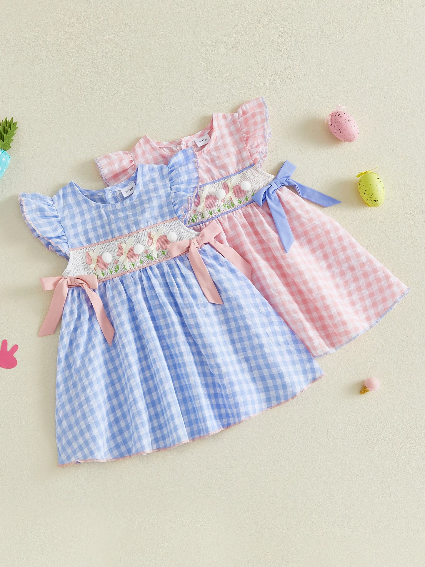 Toddler Baby Girl Easter Dress Flying Sleeve Crew Neck Rabbit Embroidery Plaid Print Bow Decor A Line Dress