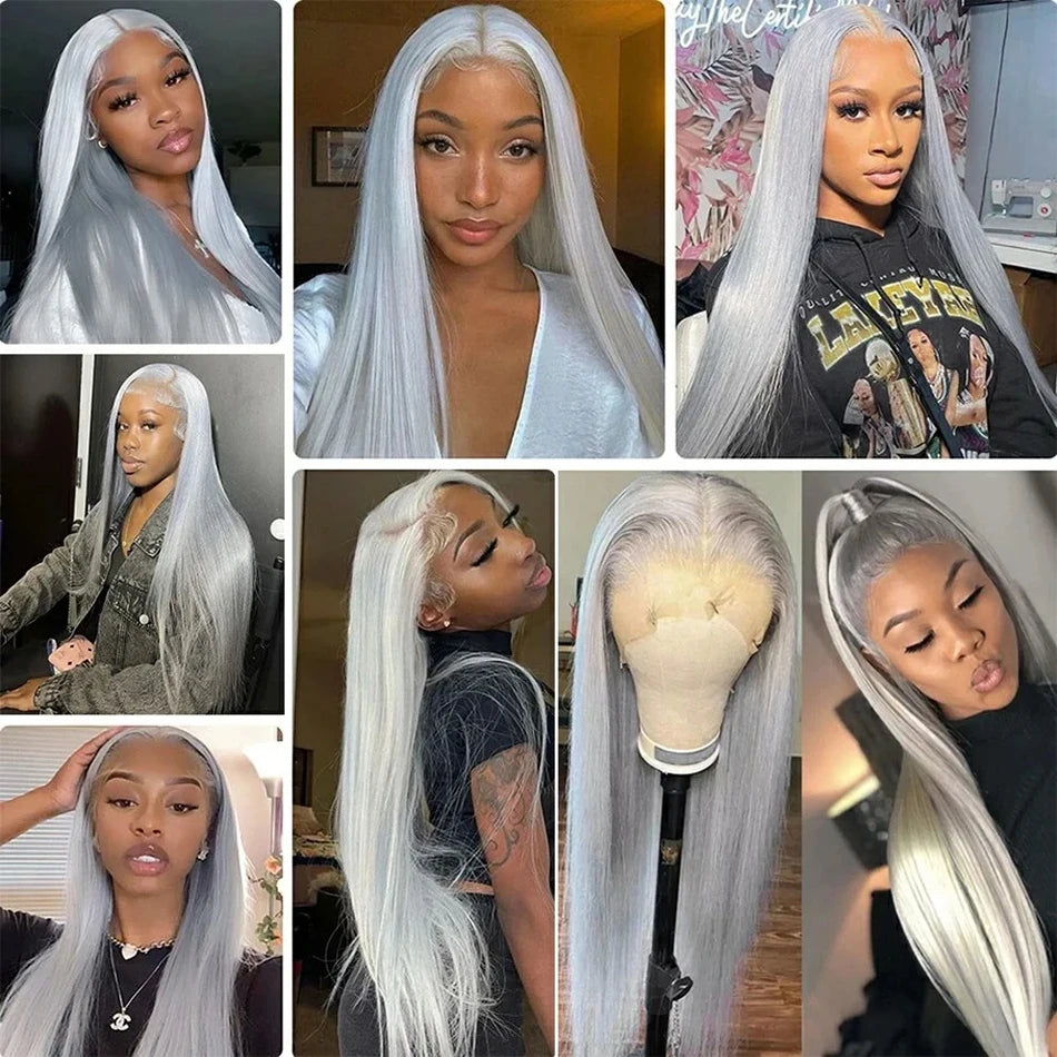 Silver Grey Human Hair Wigs Brazilian 13x4 Straight Lace Front Wigs For Women Grey 613 Colored Hd Transparent Lace Frontal Wig