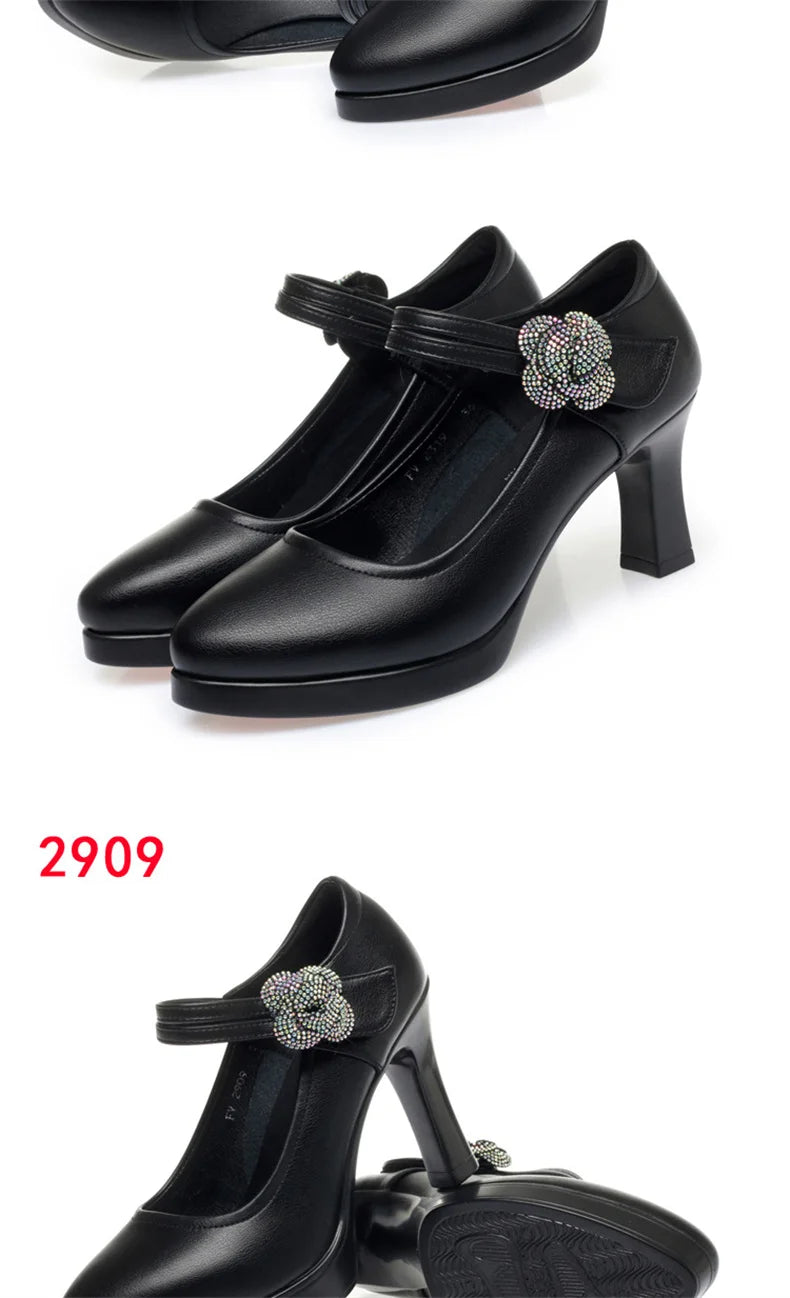 Women's Pumps Pointed Toe Office Soft Leather Flower Buckle Strap Platform High Heels Four Season Shallow Mouth Single Shoes