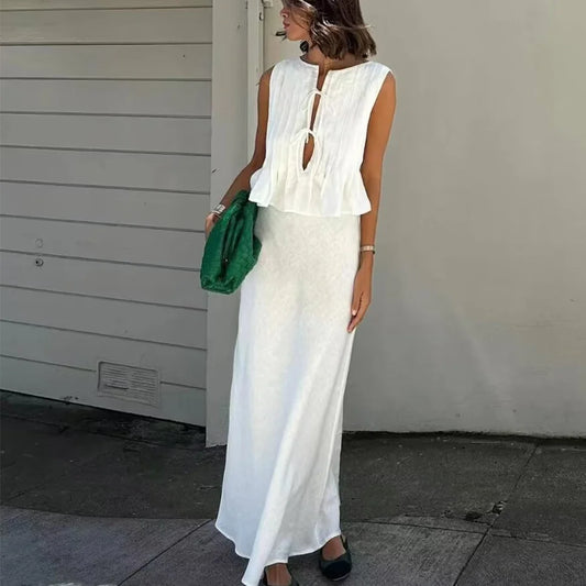 Pleated Cotton Blouses Shirts Vest Casual Maxi Skirt Set Women Blouse Sleeveless Tank Suit O Neck Tops Suit Dresses Vestidos