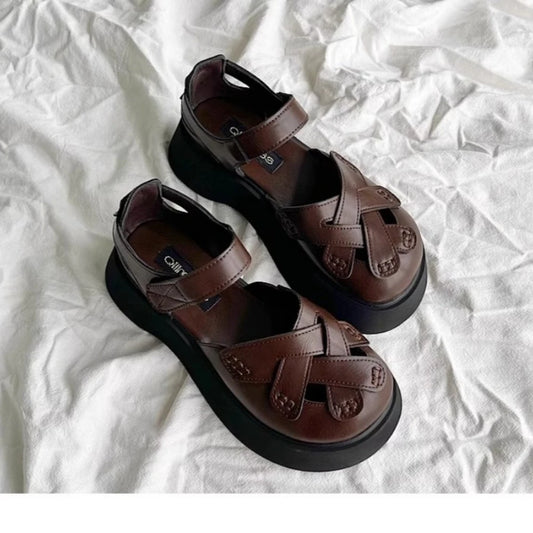 2025 Summer New Retro Style Mary Jane Enclosed Toe Sandals for Women Artistic & Versatile Weaving Style Thick Soled Roman Shoes